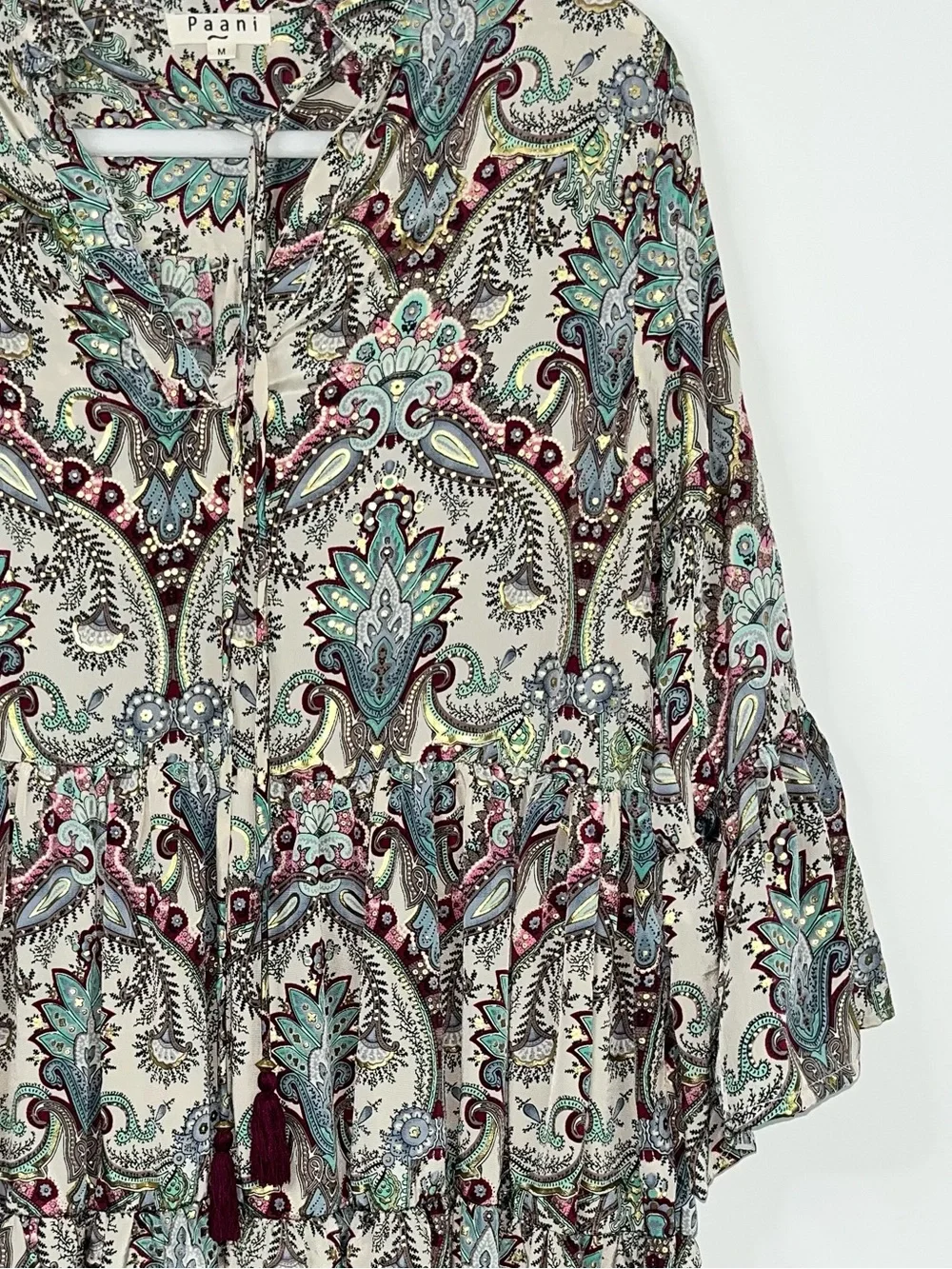 Paani Paisley Bell Sleeve Tunic Dress Medium Boho Multicolor Tiered Resortwear - Picture 3 of 11